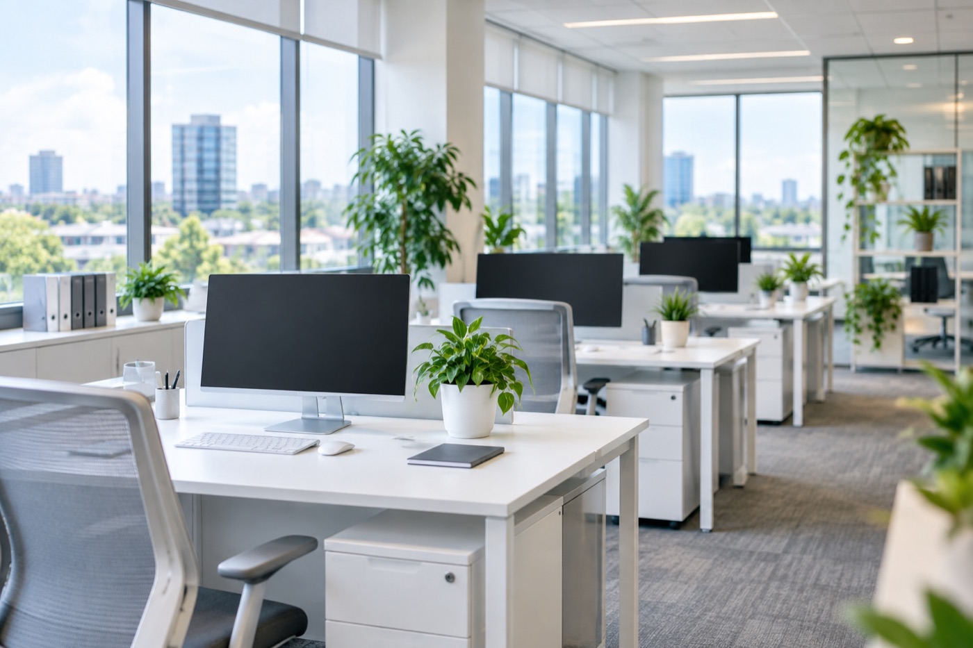 Bright open-plan office with white desks, monitors and plants