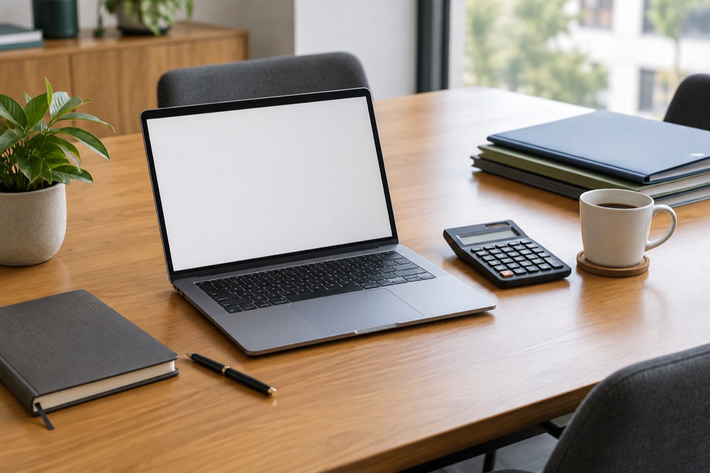 Laptop, calculator, notebook and coffee on a wooden meeting table