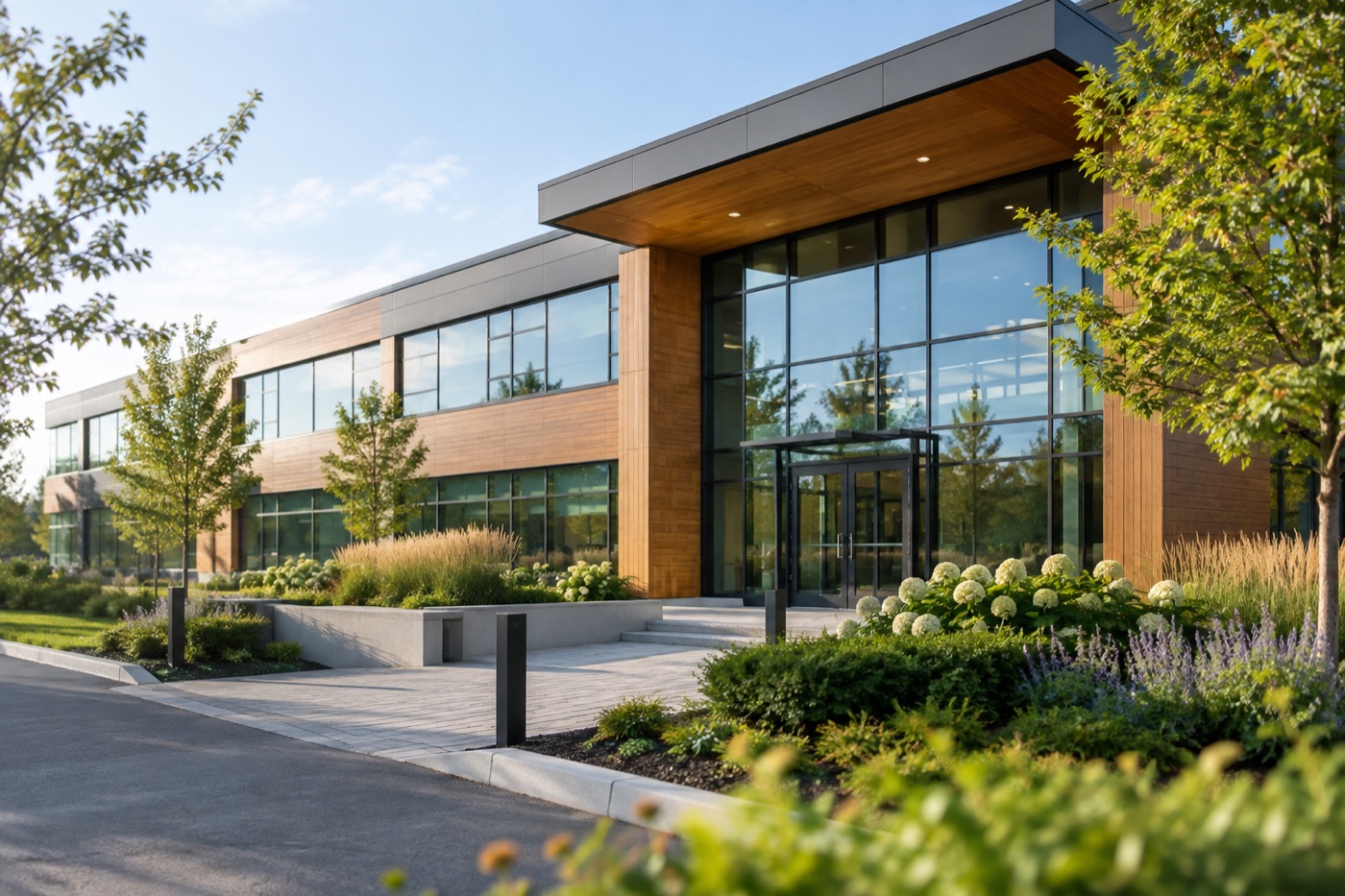 Two-storey office building with wood and glass frontage and landscaped beds