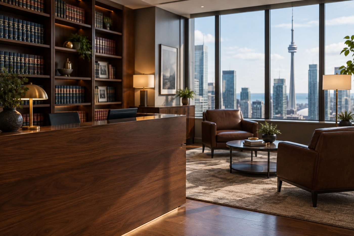Reception with a walnut desk, leather armchairs and a view of the city