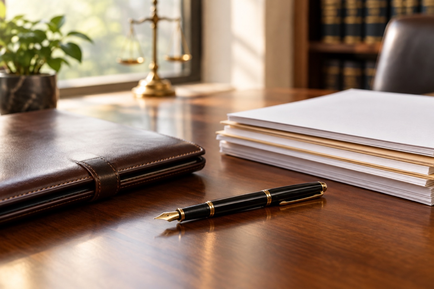 Fountain pen and a stack of papers on a polished wood desk