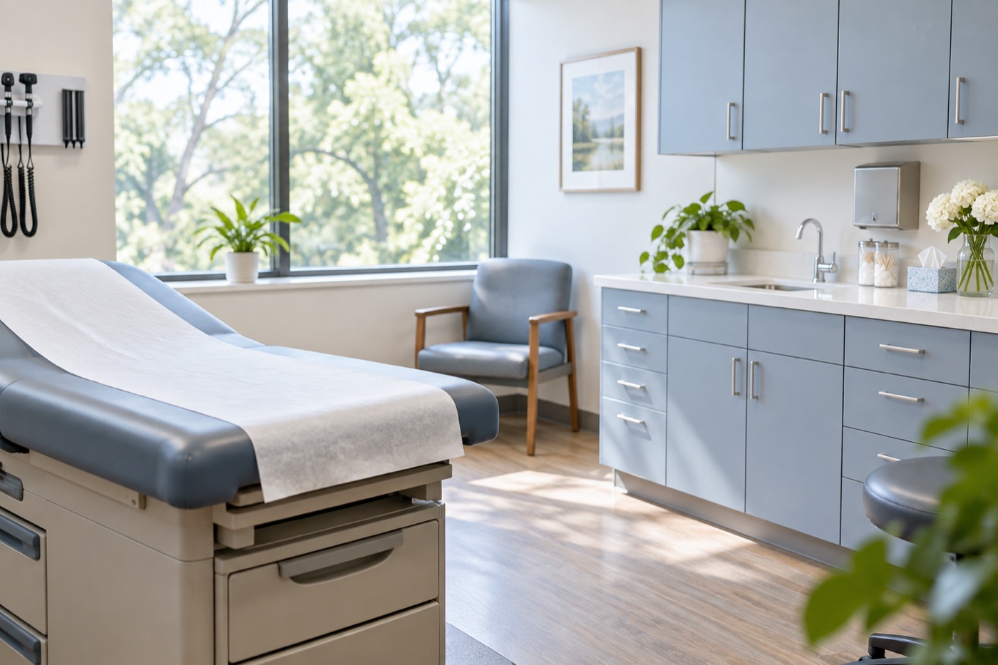 Exam room with a padded exam table and a window onto trees