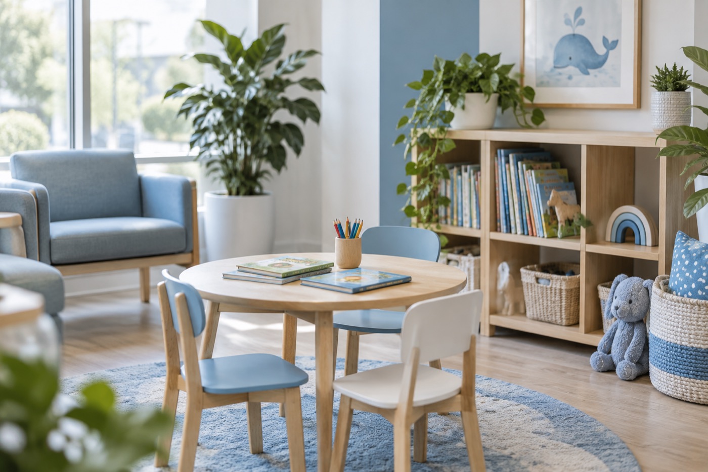 Kids’ corner with a small table, books and a toy bear