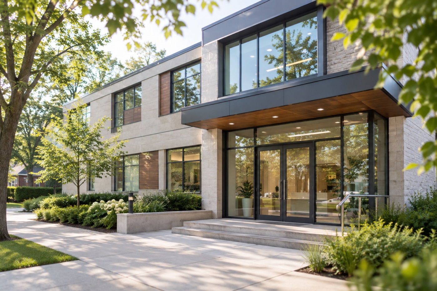 Clinic building exterior with a glass entrance and gardens