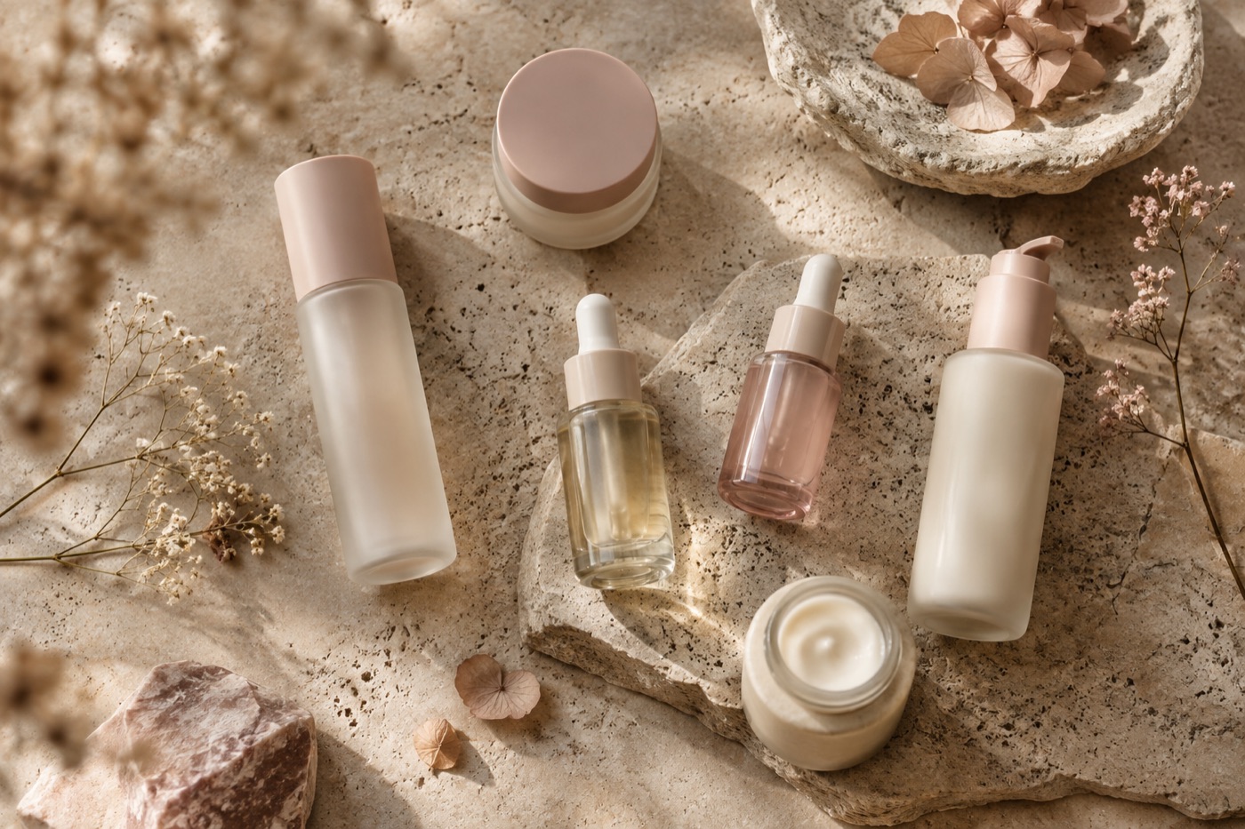 Frosted skincare bottles and jars arranged on pale stone