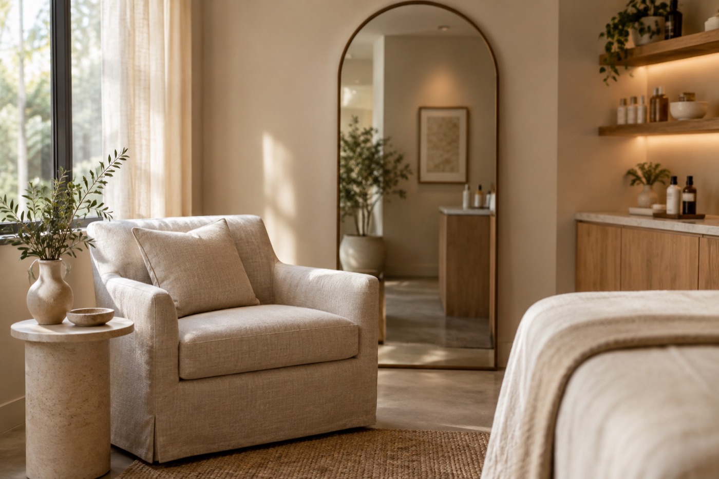 Consultation room with a linen armchair and an arched mirror