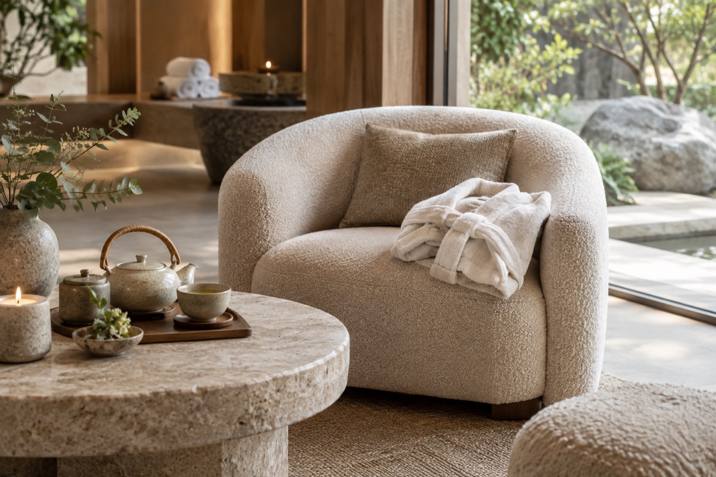 Lounge with a boucle armchair, a robe and a tea tray on a stone table