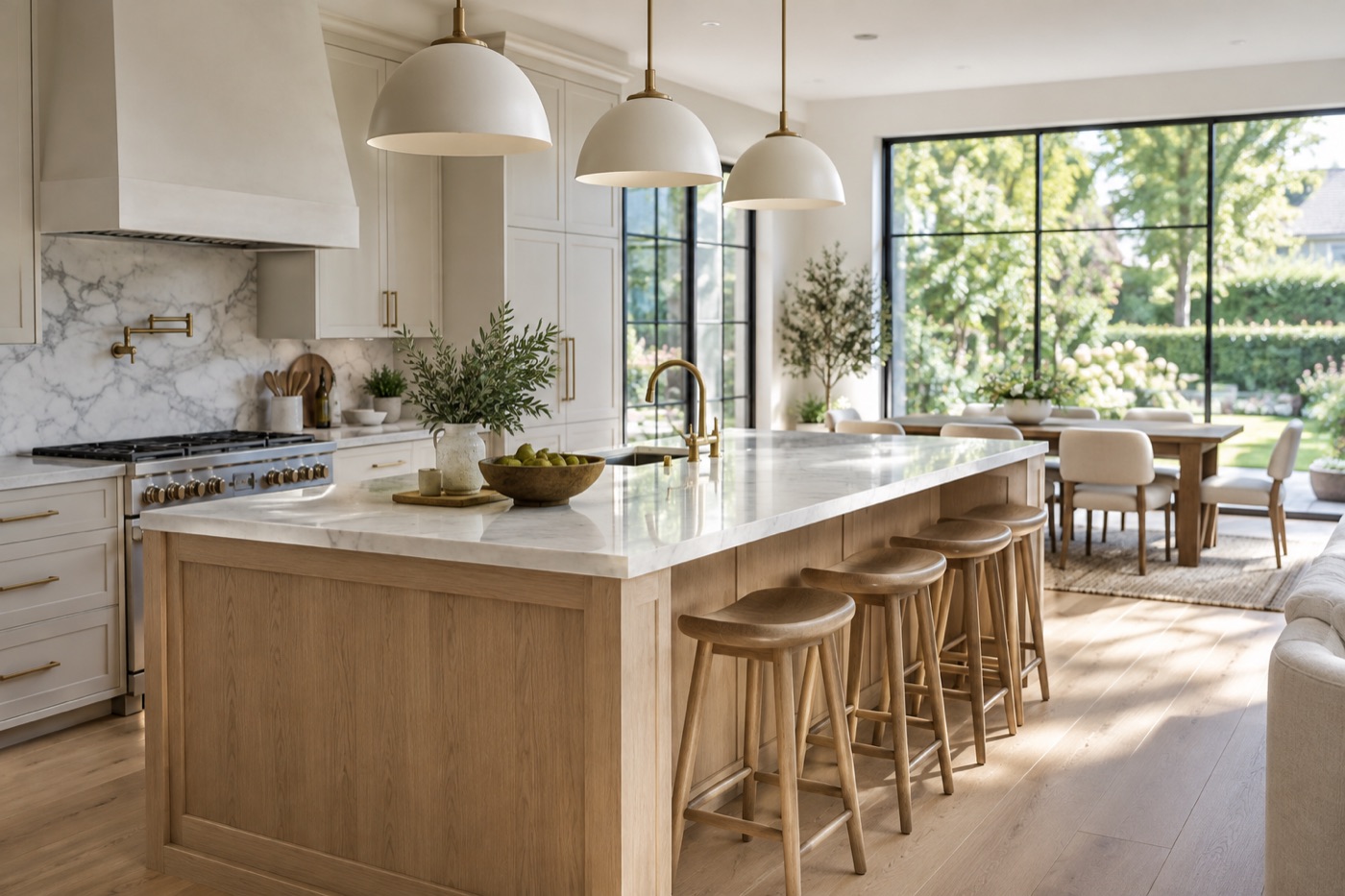 Bright kitchen with a long marble island, oak stools and pendant lights