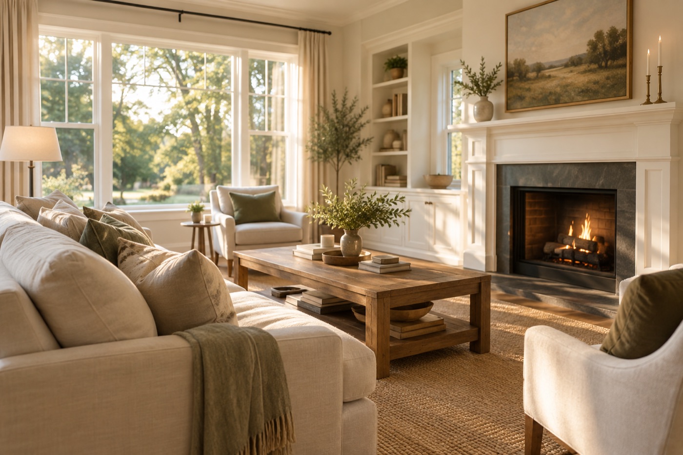 Living room with a fireplace, linen sofas and tall windows onto trees