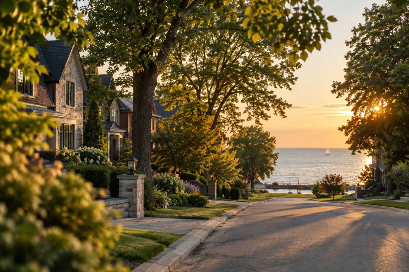 Tree-lined street of brick houses leading down to the lake at sunset