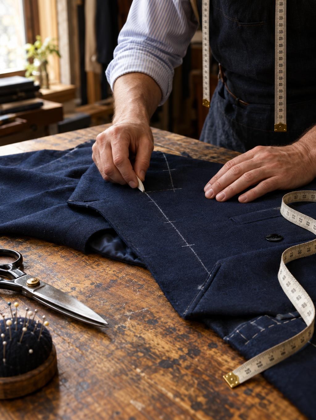 A tailor's hands chalking a navy jacket front on a cutting table