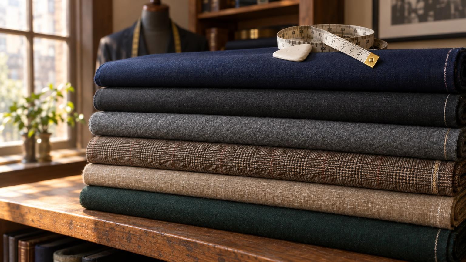 Bolts of suiting cloth on a shelf