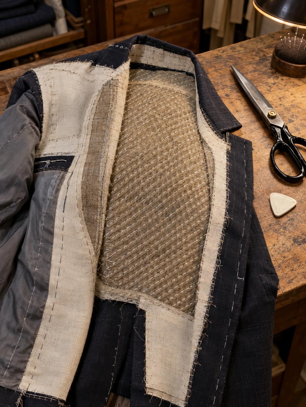 The inside of a jacket front showing hand-padded canvas