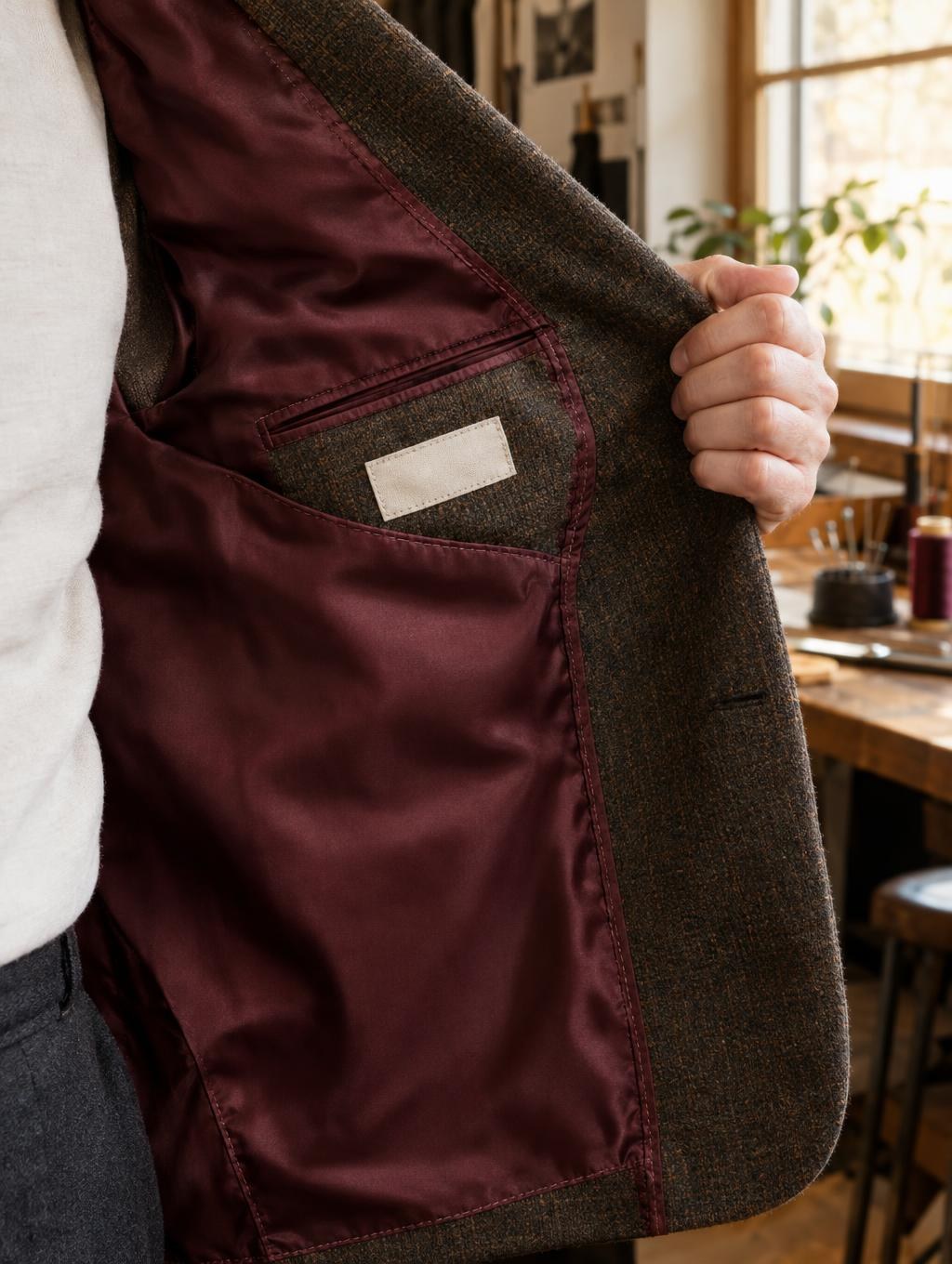 Open jacket showing a burgundy lining and interior pocket