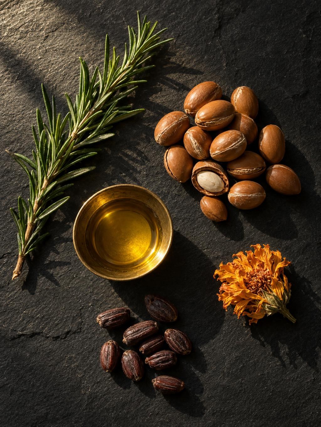 Rosemary, argan nuts, a bowl of oil and jojoba seeds on black slate