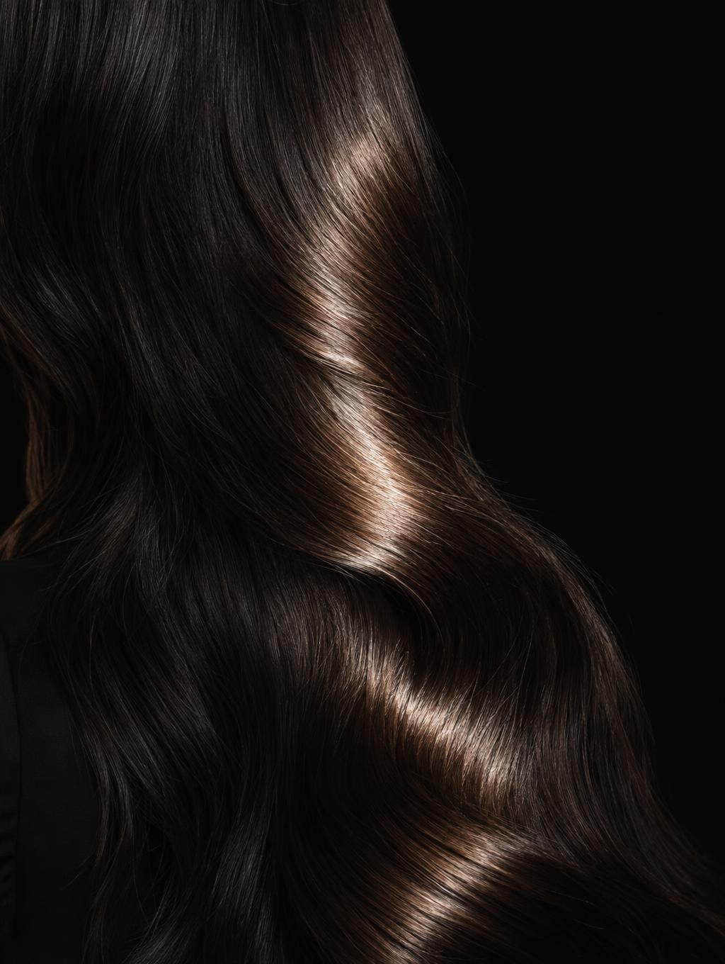 Long dark hair in a glossy wave catching warm light