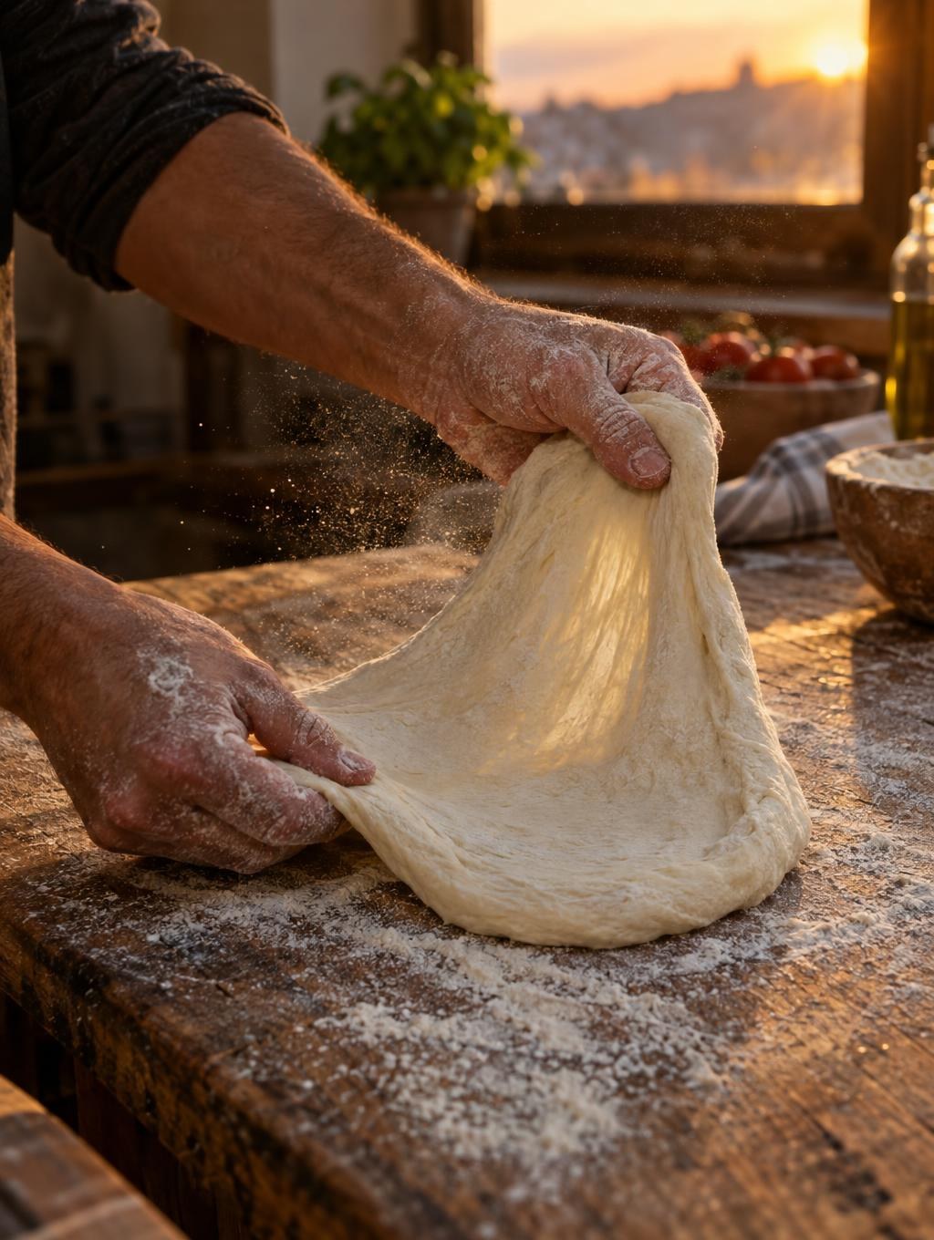Flour-dusted hands stretching a dough ball