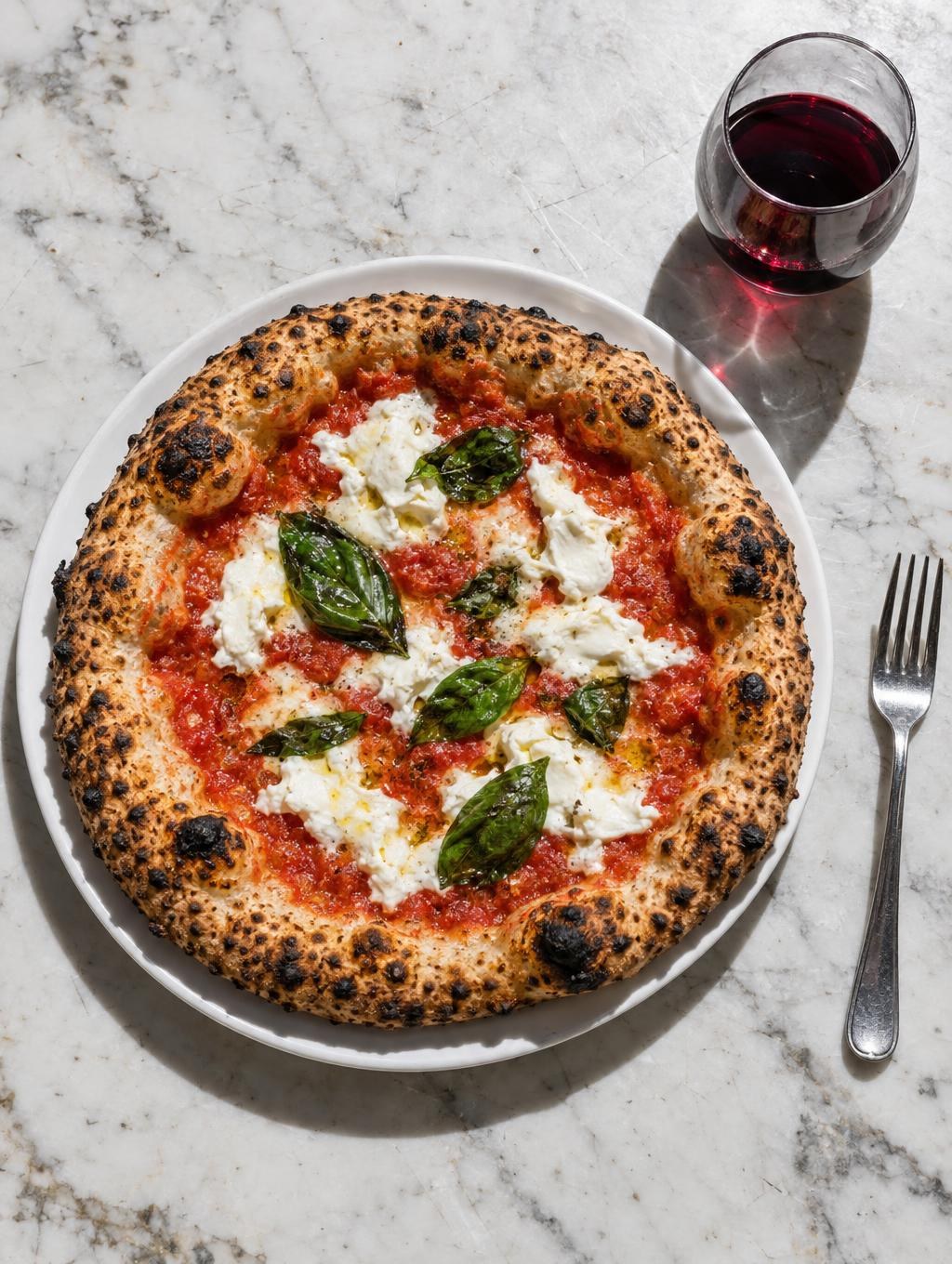 A margherita pizza on a marble counter with a glass of red wine