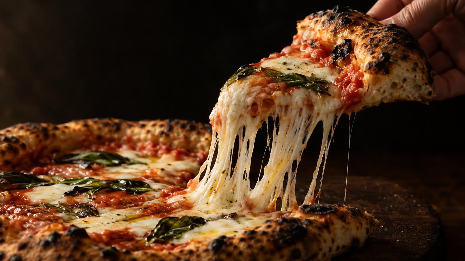 A slice being lifted with a long cheese pull