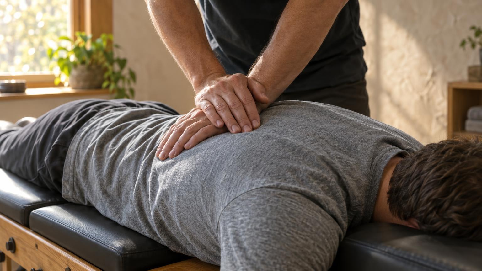 A practitioner's hands on a patient's upper back on an oak table