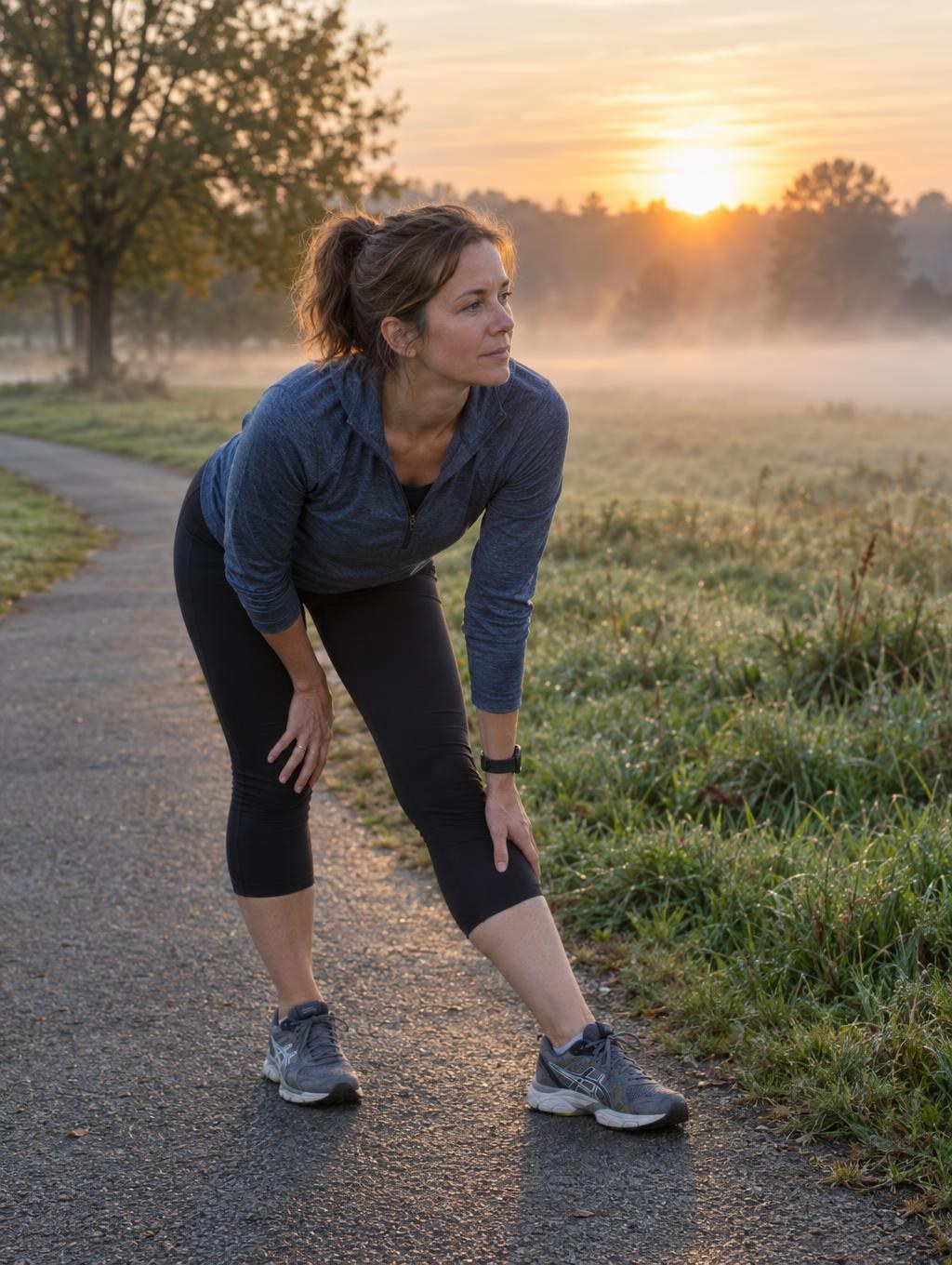 A woman stretching on a park path at dawn