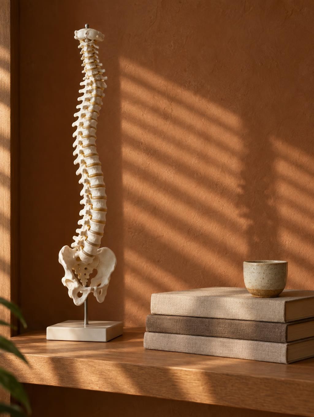 A white anatomical spine model on a wooden shelf in warm light