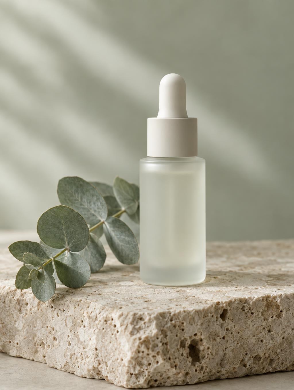 A frosted glass serum dropper bottle on raw travertine