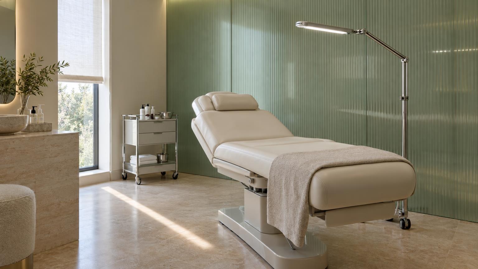 A private treatment room with a cream bed and sage glass wall