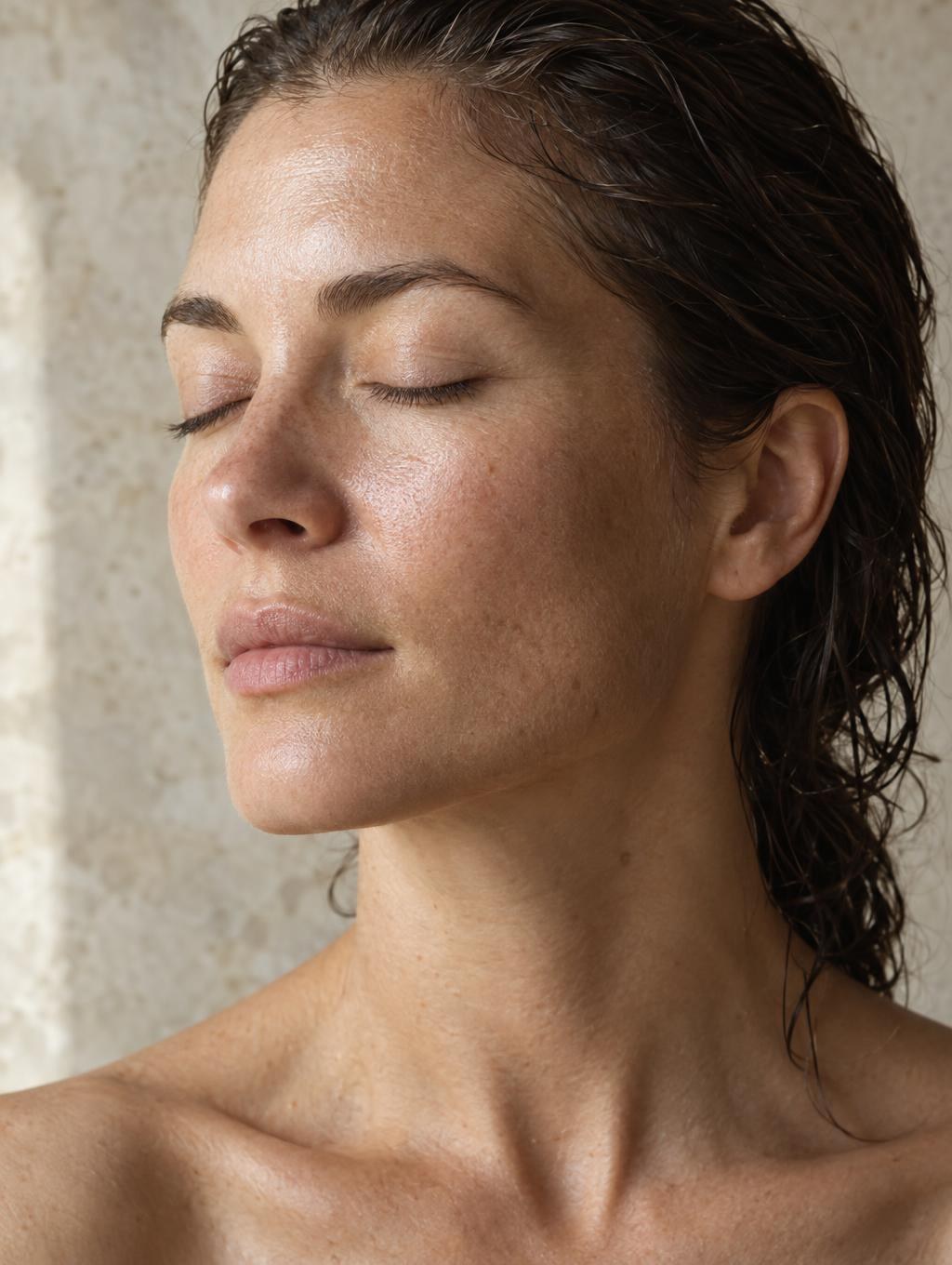 Close portrait of a woman with natural skin texture in soft window light