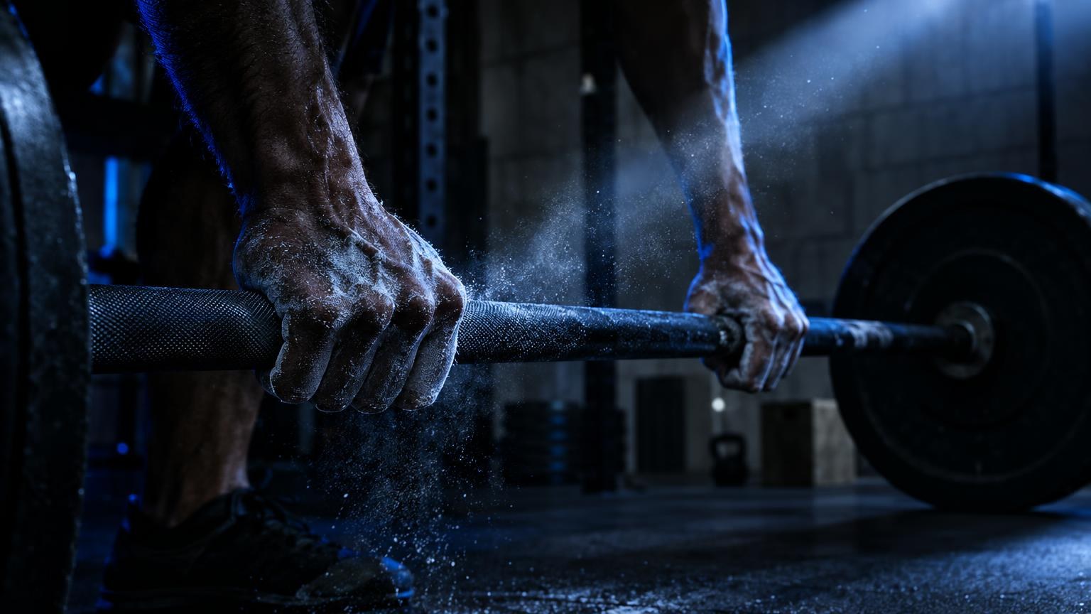 Chalked hands gripping a knurled barbell