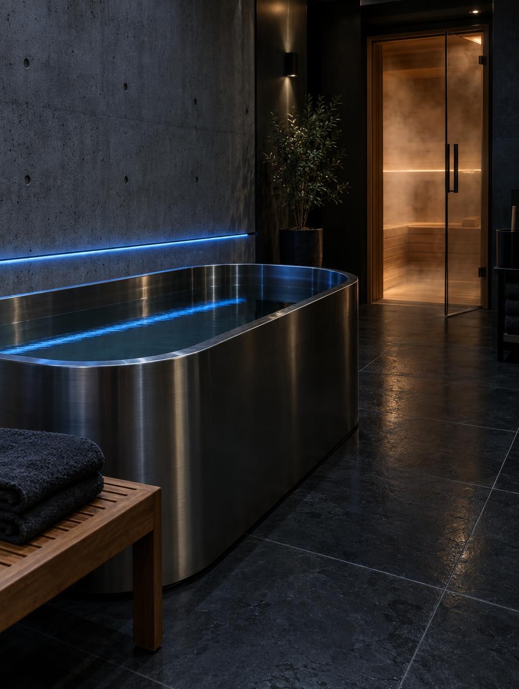 A stainless steel cold plunge tub under a strip of blue light