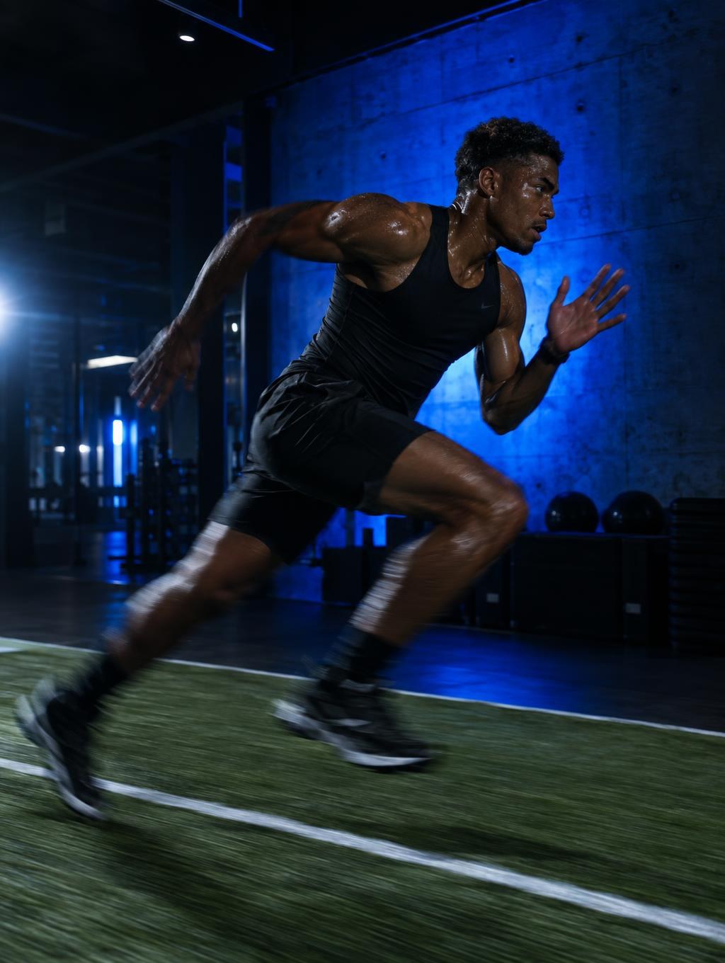 An athlete sprinting on an indoor turf lane
